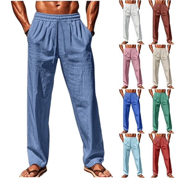 BXINGOHAI Mens Linen Pants Yoga Beach Loose Fit Casual Summer Elastic Waist Drawstring Baggy Trousers with Pockets Green 2XL