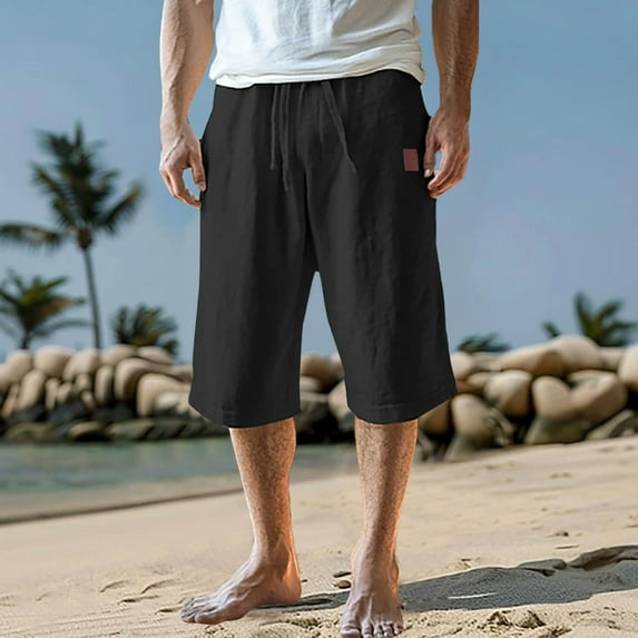BXINGOHAI Mens Linen Shorts Casual Drawstring Elastic Waist Lightweight Breathable Summer Beach Shorts for Men Black,L