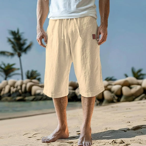 BXINGOHAI Mens Linen Shorts Casual Drawstring Elastic Waist Lightweight Breathable Summer Beach Shorts for Men Khaki,2XL