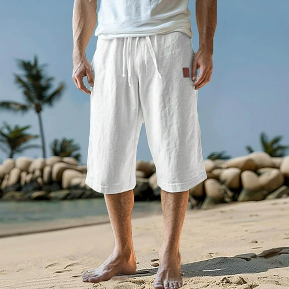 BXINGOHAI Mens Linen Shorts Casual Drawstring Elastic Waist Lightweight Breathable Summer Beach Shorts for Men White,L