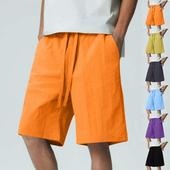 BXINGOHAI Mens Linen Shorts Casual Elastic Waist Drawstring Summer Beach Shorts Pockets Classic Fit Orange,L