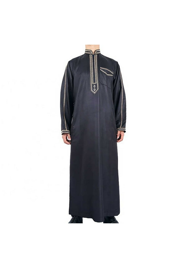 Mens Muslim Robe Casual Long Sleeve Embroider Stand Neck Thobe Lightweight Loose Fit Shirts Fall Solid Clothes With Pocket Today Sales Gray,XXXL