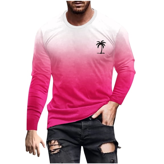 BXINGOHAI Mens Palm Tree Shirts Gradient Long Sleeves T-Shirts Oversized Crewneck Pullover Shirt Loose Fit Tops 2024 Athletic Jogging Clothes Hot Pink,XL