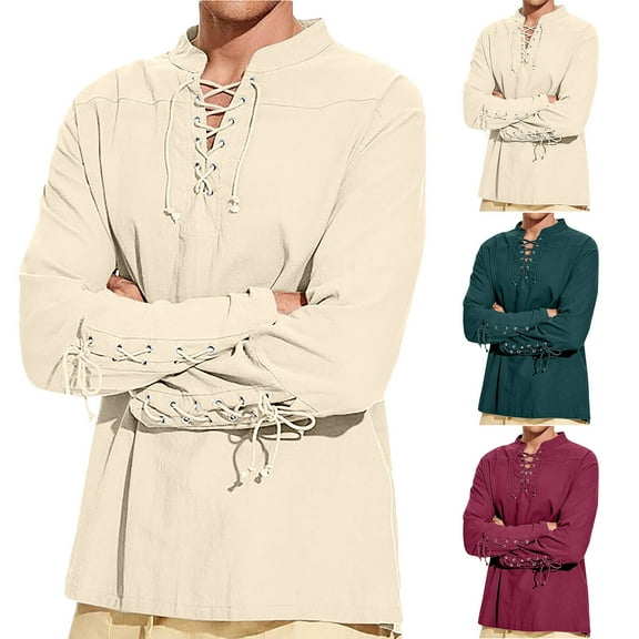 BXINGOHAI Mens Pirate Shirts Renaissance Viking Steampunk Medieval Lace up Long Sleeve Gothic Celtic Hippie Victorian Costume Beige XL