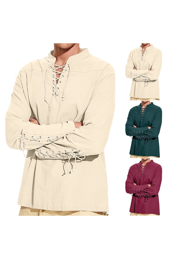 Mens Pirate Shirts Renaissance Viking Steampunk Medieval Lace up Long Sleeve Gothic Celtic Hippie Victorian Costume Wine L
