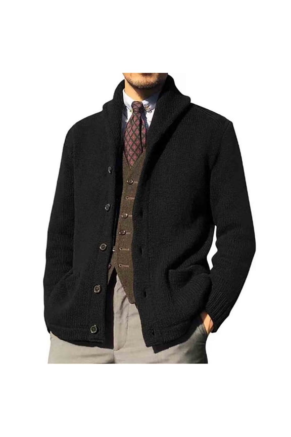 Mens Shawl Neck Cardigan Sweater Cable Knit Button Up Closure with Pockets Winter Sweaters Outerwear Black 2XL