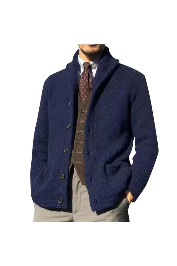 Mens Shawl Neck Cardigan Sweater Cable Knit Button Up Closure with Pockets Winter Sweaters Outerwear Navy L