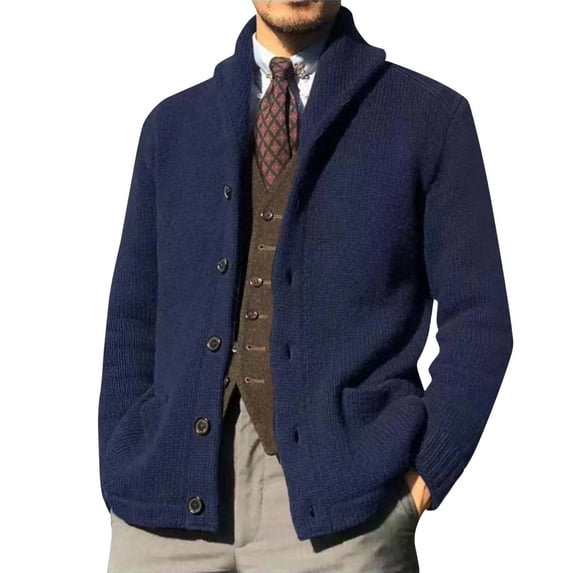 BXINGOHAI Mens Shawl Neck Cardigan Sweater Cable Knit Button Up Closure with Pockets Winter Sweaters Outerwear Navy XL