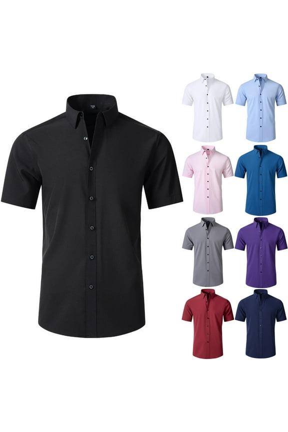 Mens Short Sleeve Dress Shirts Solid Casual Button Down Shirts with Pocket Black,3XL