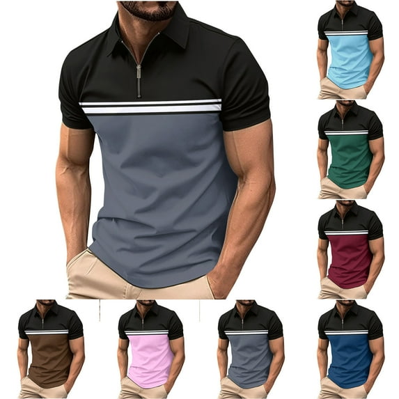 BXINGOHAI Mens Short Sleeve Striped Shirts Fashion Contrast Color Golf Tops with Chest Striped Decoration Pink,M