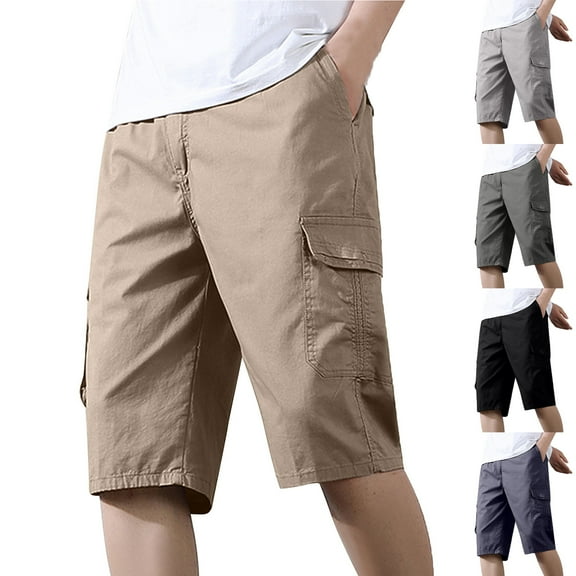 BXINGOHAI Mens Shorts Cargo Solid Color Elastic Cargo Pants Multi Pockets Casual Summer Party Cargo Stretch Shorts Khaki,L