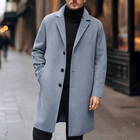 BXINGOHAI Mens Single Breasted Trench Coat Winter Pea Coat Notch Lapel Long Casual Overcoat Light Blue S
