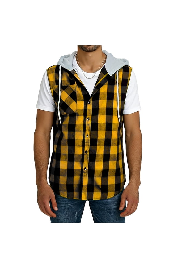Mens Sleeveless Fannel Shirt Casual Cotton Plaid Vest Hoodies Yellow,2XL