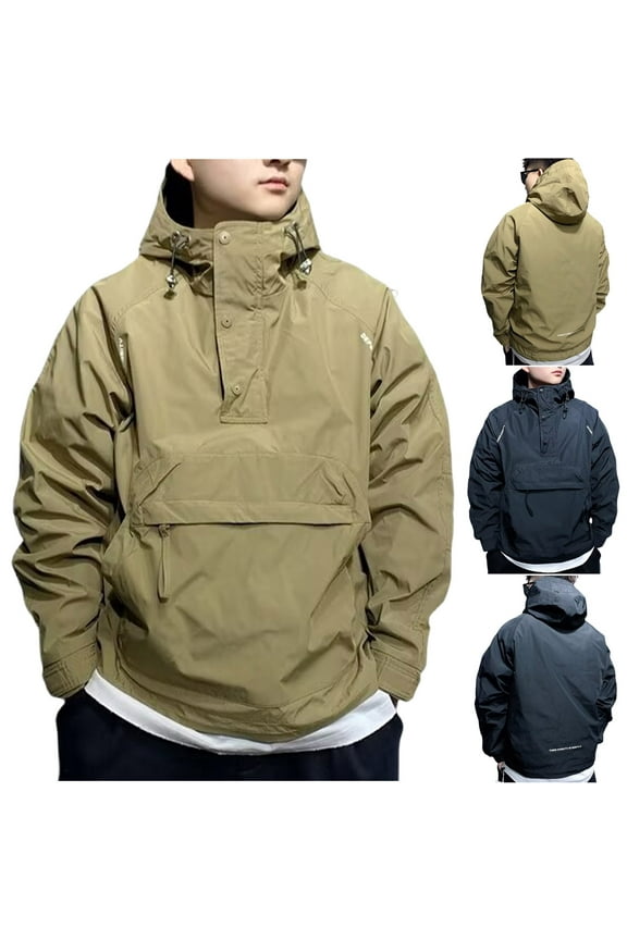Mens Softshell Jacket Windproof Lightweight Outerwear Hiking Work Travel Hood Khaki 2XL