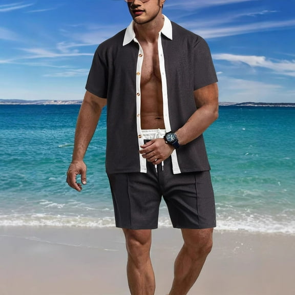 BXINGOHAI Mens Summer Beach 2 Piece Outfits Casual Vacation Cotton Linen Yoga Matching Set Short Sleeve Shirt and Shorts Black,L
