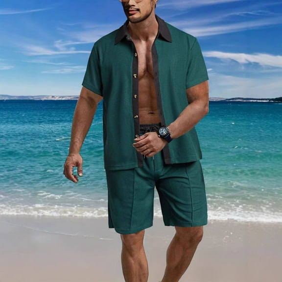 BXINGOHAI Mens Summer Beach 2 Piece Outfits Casual Vacation Cotton Linen Yoga Matching Set Short Sleeve Shirt and Shorts Green,3XL