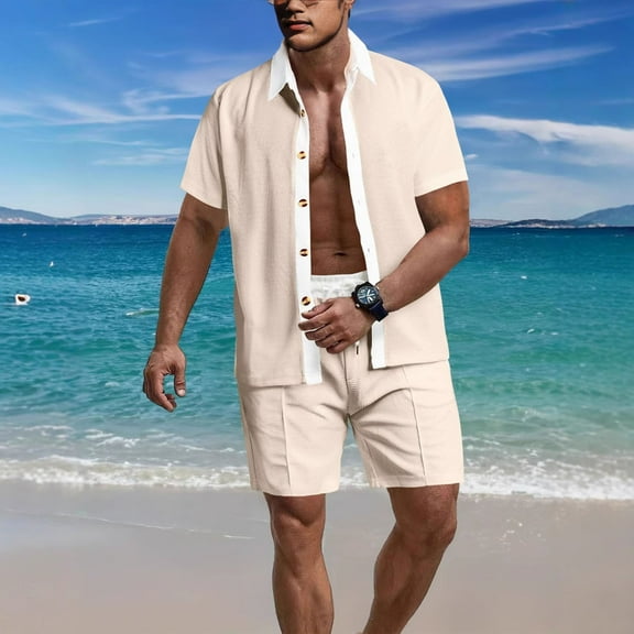BXINGOHAI Mens Summer Beach 2 Piece Outfits Casual Vacation Cotton Linen Yoga Matching Set Short Sleeve Shirt and Shorts Khaki,M