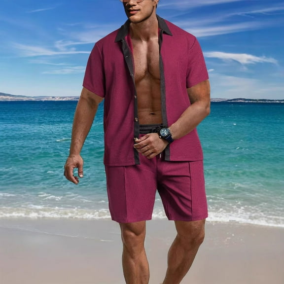 BXINGOHAI Mens Summer Beach 2 Piece Outfits Casual Vacation Cotton Linen Yoga Matching Set Short Sleeve Shirt and Shorts Today Wine,2XL