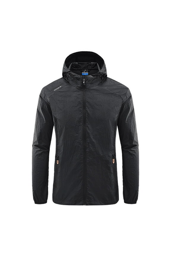 Mens Sun-Protective Hoodie Jackets Lightweight Long Sleeved Coats Zip Pockets Jacket Outdoor Running Hiking Outwear Black,L