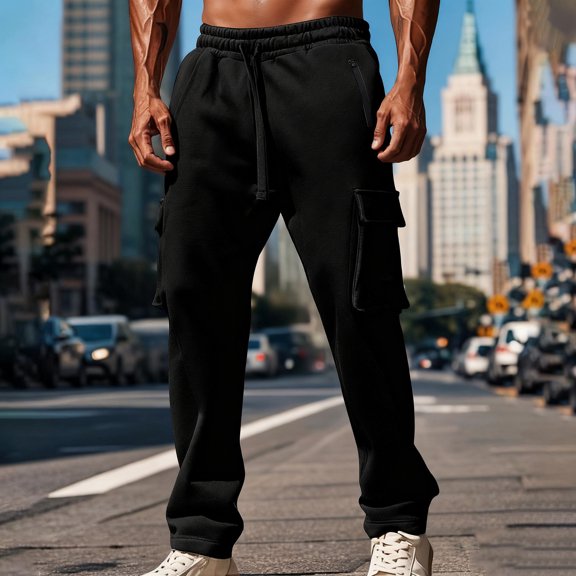 BXINGOHAI Mens Sweatpants Open Bottom Baggy Loose Fleece Cargo Sweat Pants Casual Heavyweight Sweatpants with Pockets Black M