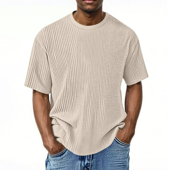 BXINGOHAI Mens Waffle Crewneck Shirts Slim Fit Long Sleeve Casual T-Shirt Beige XL