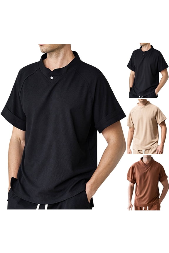 Mens Waffle T Shirt Crewneck Henley Shirt Short Sleeve Work Casual Tee Shirts Today Khaki,L