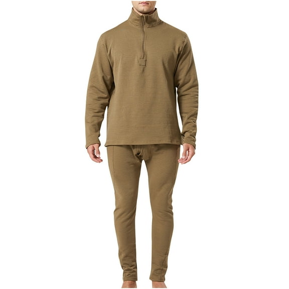 BXINGOHAI Mens Winter 2 Piece Sets Casual Long-Johns Set Quarter Zip Up Long Sleeve Lapel Thermal Underwear Solid Color Basic Underwears Outfits Today Khaki,XXL