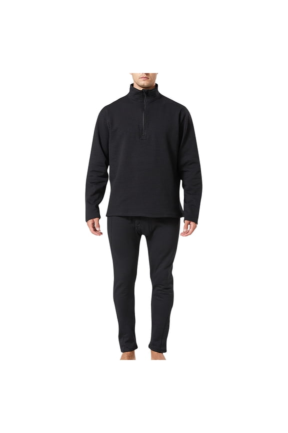 Mens Winter 2 Piece Sets Casual Long-Johns Set Quarter Zip Up Long Sleeve Lapel Thermal Underwear Solid Color Basic Underwears Outfits Today Black,S