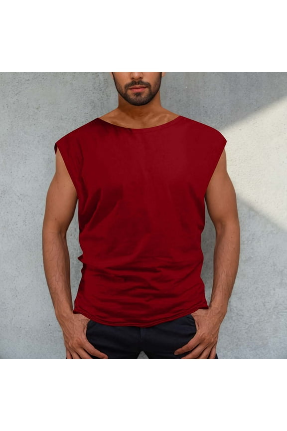 Mens Workout Tank Tops Muscle Cut Off Shirts Sleeveless Bodybuilding Gym T-Shirts Daily Tee Sale Red,S