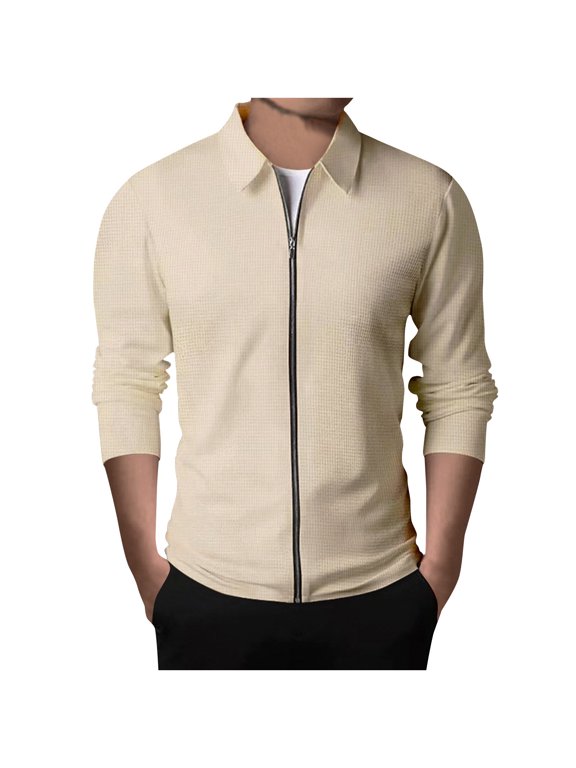 Mens Zip Up waffle jackets Casual Long Sleeve Lightweight Solid jacket with Pocket spring fall daily jacekts Today Sales Khaki,XXXL