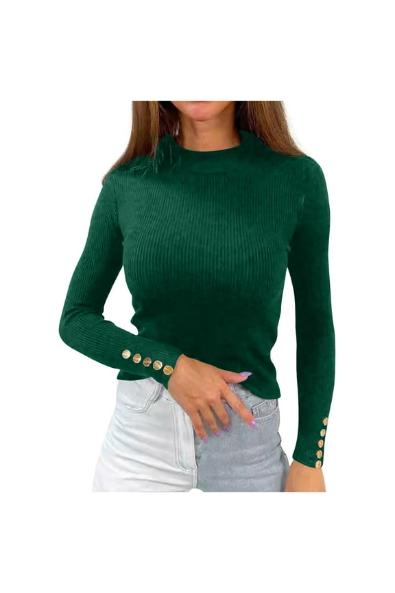 Mock Turtle Necks Sweaters for Women Slim Fit Long Sleeve Knit Sweater Solid Basic Shirts 2024 Fashion Fall Top With Button Army Green,S