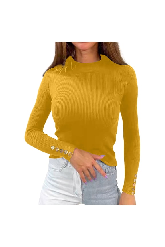 Mock Turtle Necks Sweaters for Women Slim Fit Long Sleeve Knit Sweater Solid Basic Shirts 2024 Fashion Fall Top With Button Today Sales Yellow,L