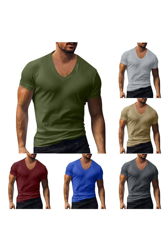 Muscle Men鈥橲 V Neck Shirts Casual Short Sleeve Gym Athletic T Shirt Fashion Tee Top Workout Bodybuilding Shirts Today Red,XL