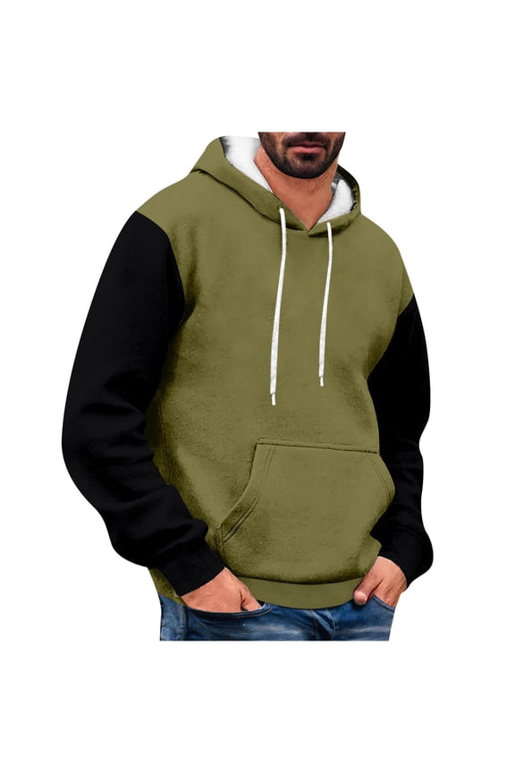Thin Fleece Hoodies Sweatshirts For Men Color Block Hooded Sweatshirt Fall Winter Long Sleeve Pullover Shirts 2024 Outdoor Workout With Pocket Drawstring Army Green,M