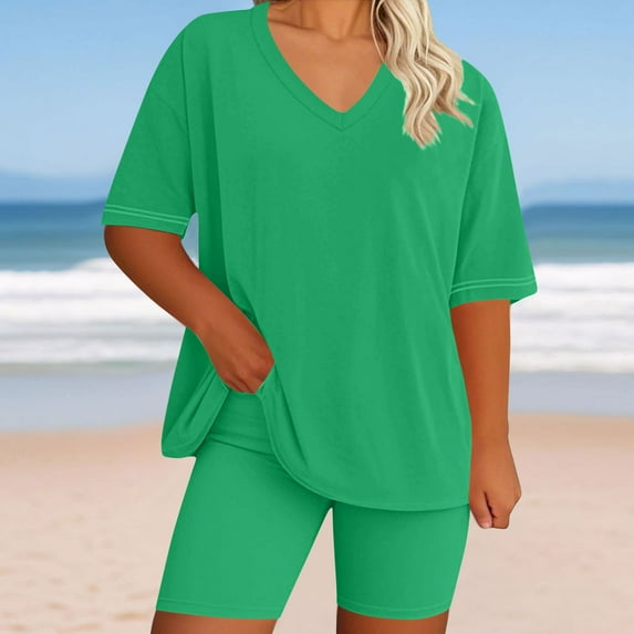 BXINGOHAI Pajamas Set for Women 2 Piece Short Sleeve Sleepwear Soft V Neck Tops and Shorts Pjs Lounge Set with Pocket Green L