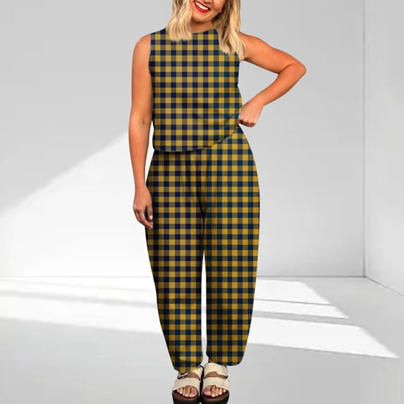 BXINGOHAI Pants Sets Women 2 Piece Outfits Sleeveless Round Neck Tank Tops Matching Sets for Women Elastic Waist Wide Leg Yellow M