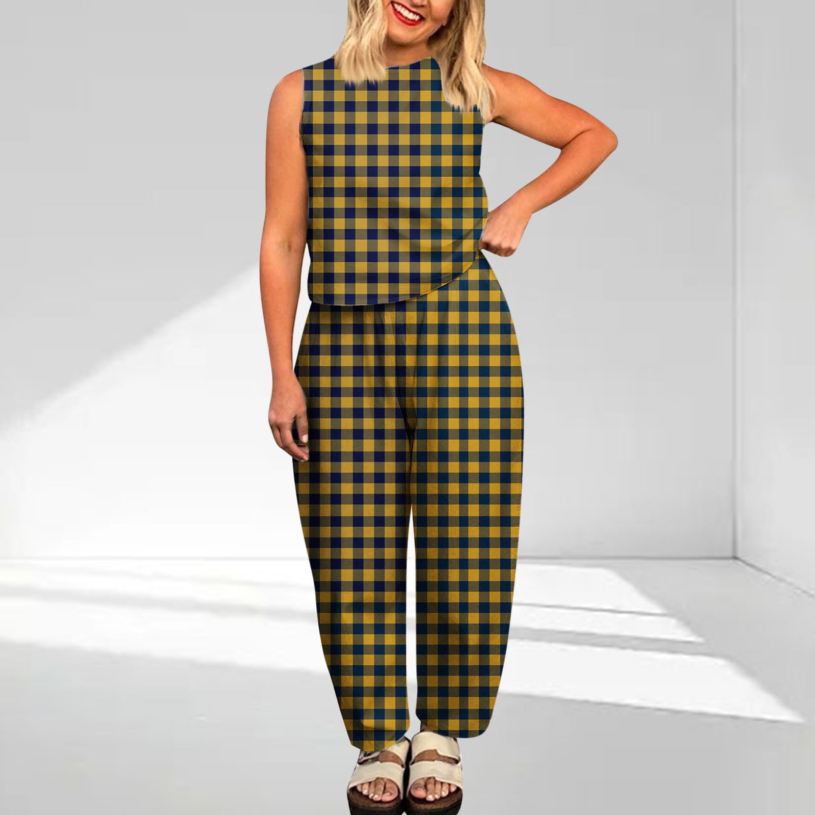 Yellow Crinkled U Neck Tank and Wide Leg Pants Set