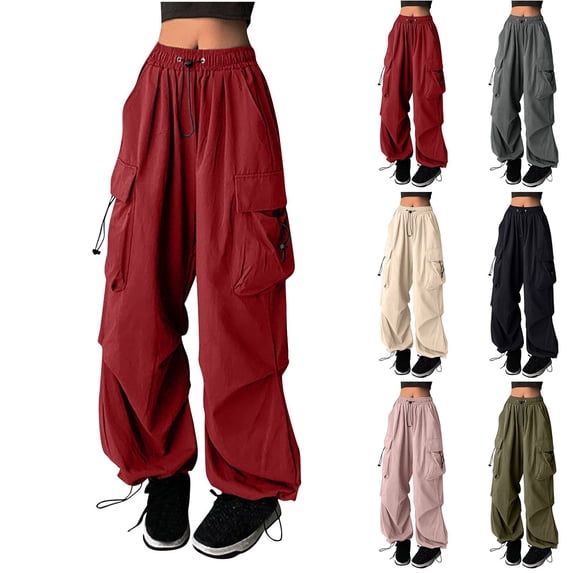BXINGOHAI Parachute Pants for Women,Baggy Cargo Pants with Pockets Red L
