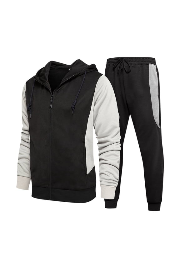 Patchwork 2 Pieces Sweatsuits for Men Full Zip Hooded Tracksuit Long Sleeve Sweatshirts and Drawstring Sweatpants Athletic Running Sport Outfit With Pocket Black,S