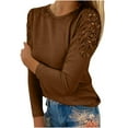 thumbnail image 1 of BXINGOHAI Plus Size Blouses for Women Casual Lace Hollow Round Neck Blouse Solid Long Sleeve Pullover Slimming T-Shirt 2024 Fashion Daily Tunic Tops Under $10 Coffee,S, 1 of 6