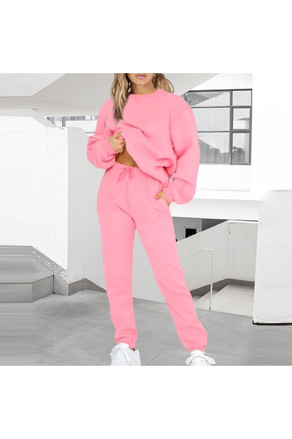 Plus Size Fall Two Piece Outfit for Women Long Sleeve Crewneck Pullover Sweatshirt With Jogger Pants Solid Drawstring Sweatsuit Daily Lounge Tracksuit Pink,XXXL