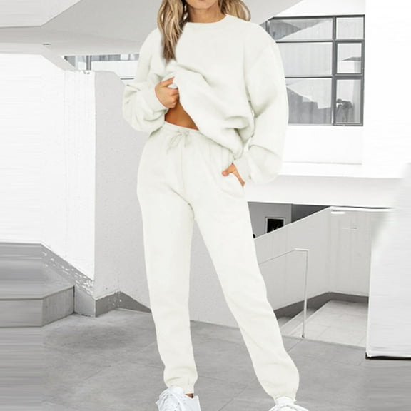 BXINGOHAI Plus Size Fall Two Piece Outfit for Women Long Sleeve Crewneck Pullover Sweatshirt With Jogger Pants Solid Drawstring Sweatsuit Daily Lounge Tracksuit Sale White,XXXXXL