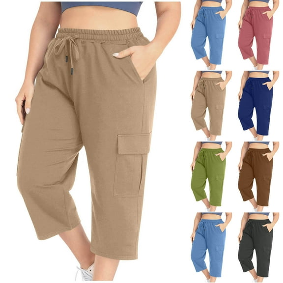 BXINGOHAI Plus Size Womens Capris with Pockets Loose Fit Casual Capri Pants Dressy Lightweight Ladies Baggy Cargo Pants for Hiking Brown 5XL