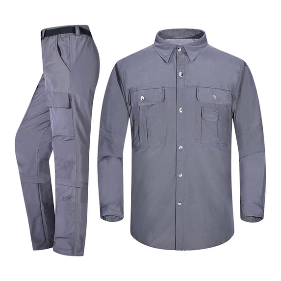 BXINGOHAI Quick Dry 2 Pieces Outfits for Men Nylon Button Up Long Sleeve Tracksuit Drawstring Shirts and Convertible Cargo Pants Outdoor Hiking Fishing Sets With Multi Pockets Gray,L