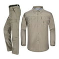 thumbnail image 1 of BXINGOHAI Quick Dry 2 Pieces Outfits for Men Nylon Button Up Long Sleeve Tracksuit Drawstring Shirts and Convertible Cargo Pants Outdoor Hiking Fishing Sets With Multi Pockets Khaki,L, 1 of 4