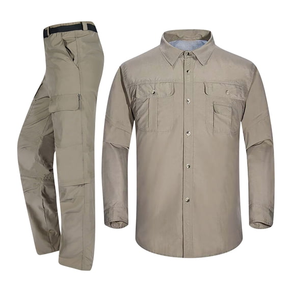 BXINGOHAI Quick Dry 2 Pieces Outfits for Men Nylon Button Up Long Sleeve Tracksuit Drawstring Shirts and Convertible Cargo Pants Outdoor Hiking Fishing Sets With Multi Pockets Khaki,L