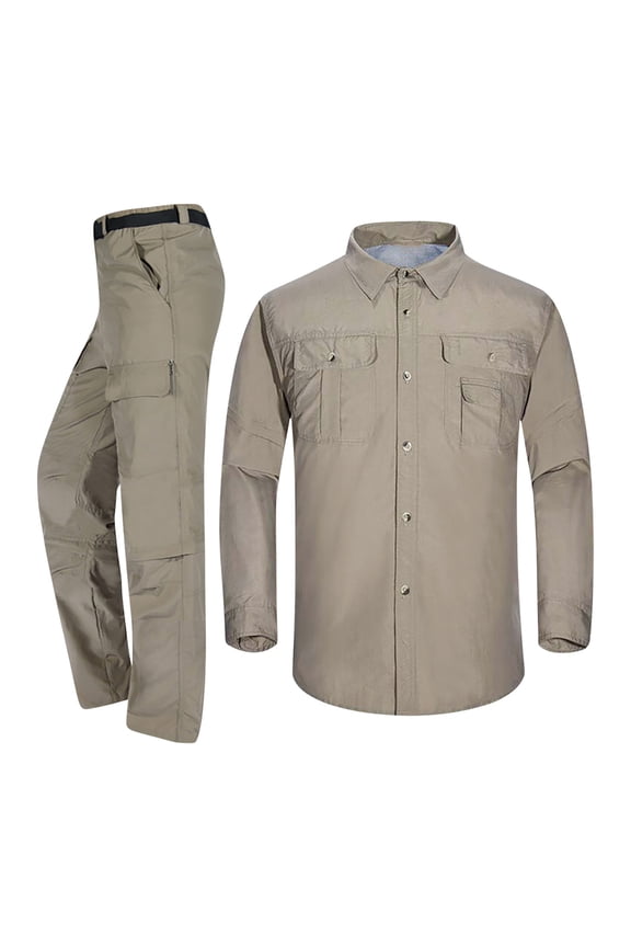 Quick Dry 2 Pieces Outfits for Men Nylon Button Up Long Sleeve Tracksuit Drawstring Shirts and Convertible Cargo Pants Outdoor Hiking Fishing Sets With Multi Pockets Khaki,XXXL