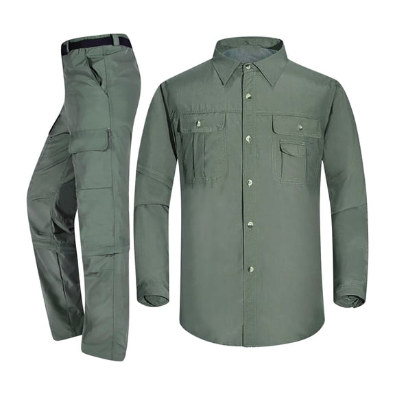 BXINGOHAI Quick Dry 2 Pieces Outfits for Men Nylon Button Up Long Sleeve Tracksuit Drawstring Shirts and Convertible Cargo Pants Outdoor Hiking Fishing Sets With Multi Pockets Army Green,L