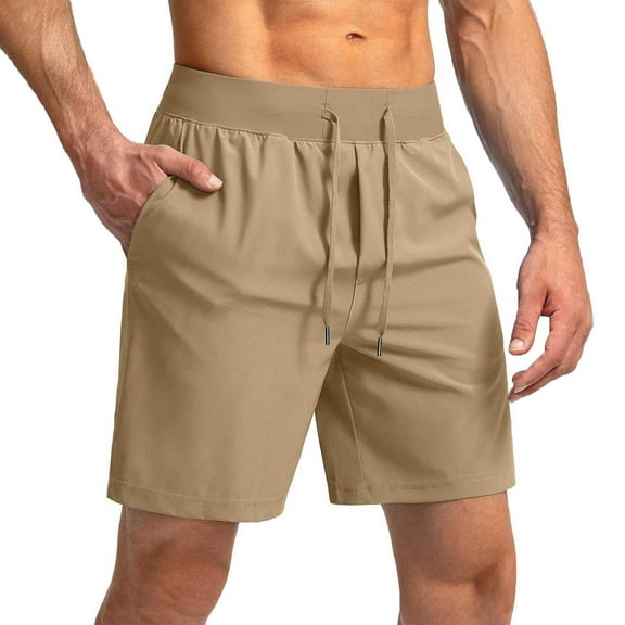 BXINGOHAI Quick Dry Men's Running Shorts with Zip Pocket Workout Gym Athletic Shorts Lightweight Training Shorts Beige,M