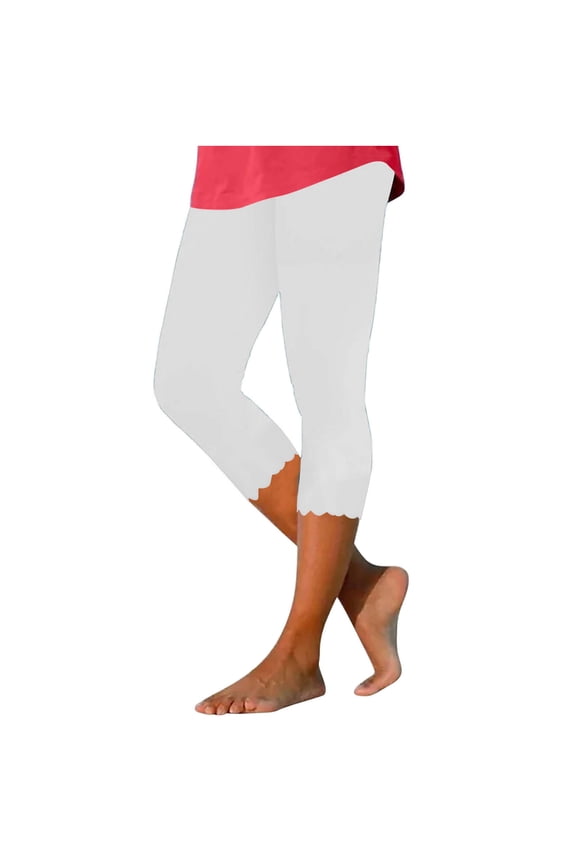 Scalloped Capri Pants for Women Casual Summer 2024 Drawstring Capri Leggings Cargo Pants Beach Pockets Tights Stretch Trousers Capri Leggings for Women Tummy Control White,L